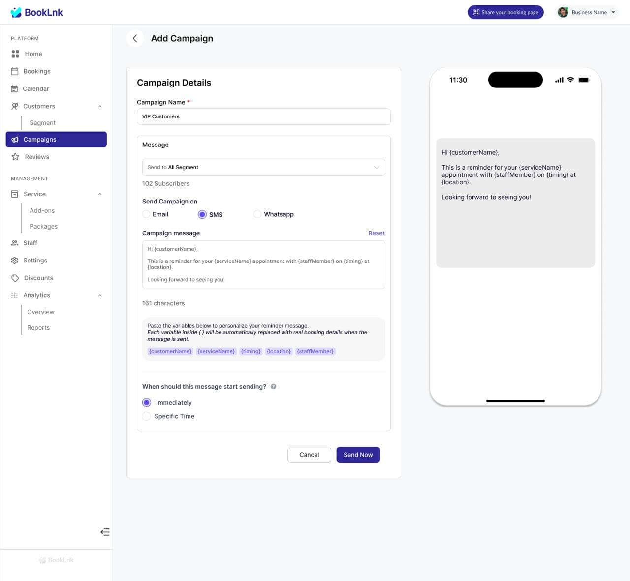 SMS, WhatsApp & email campaigns that bring clients back